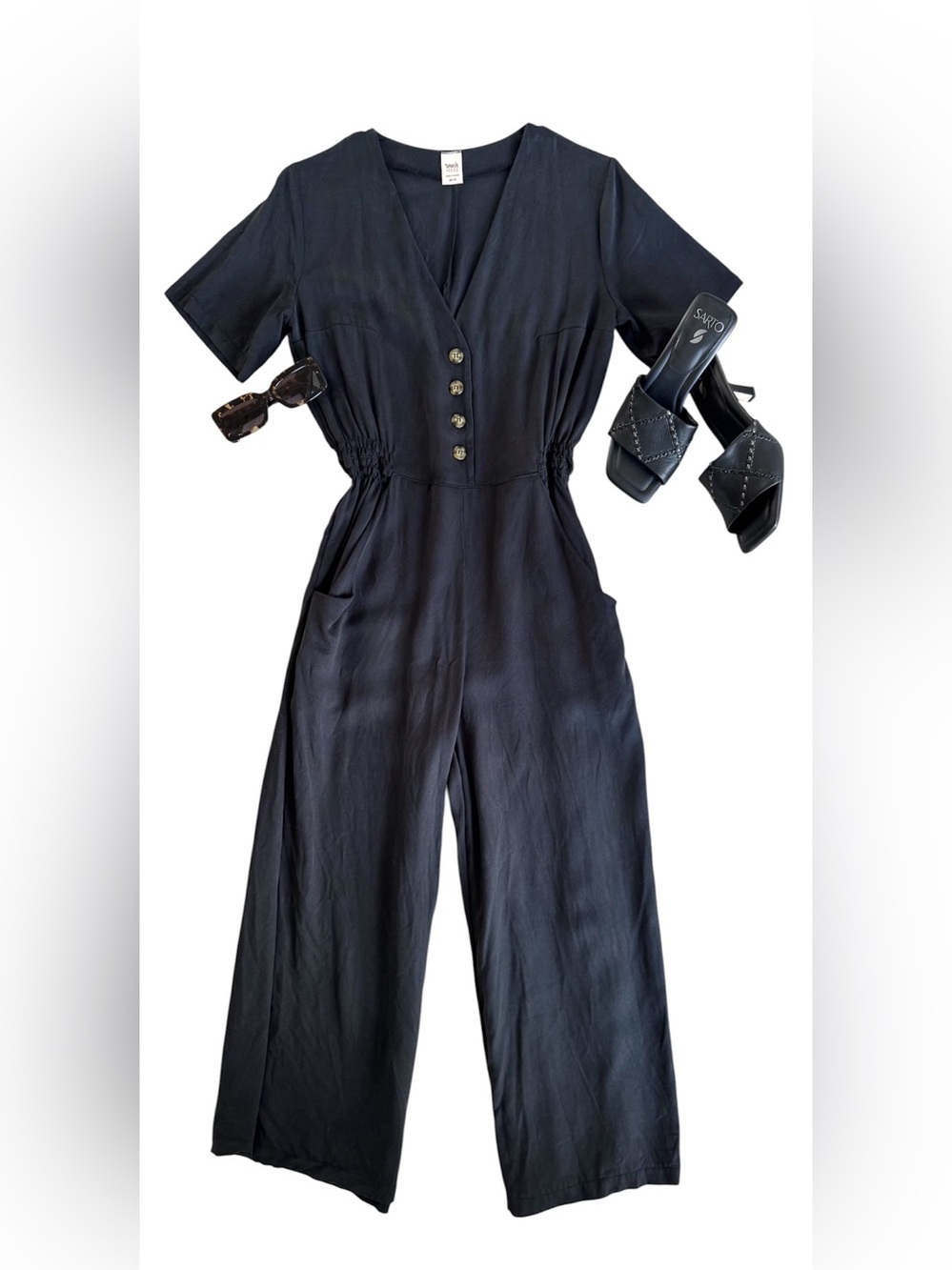 The Elevated Smash + Tess Saturday Romper in Midnight Black (Size Small)